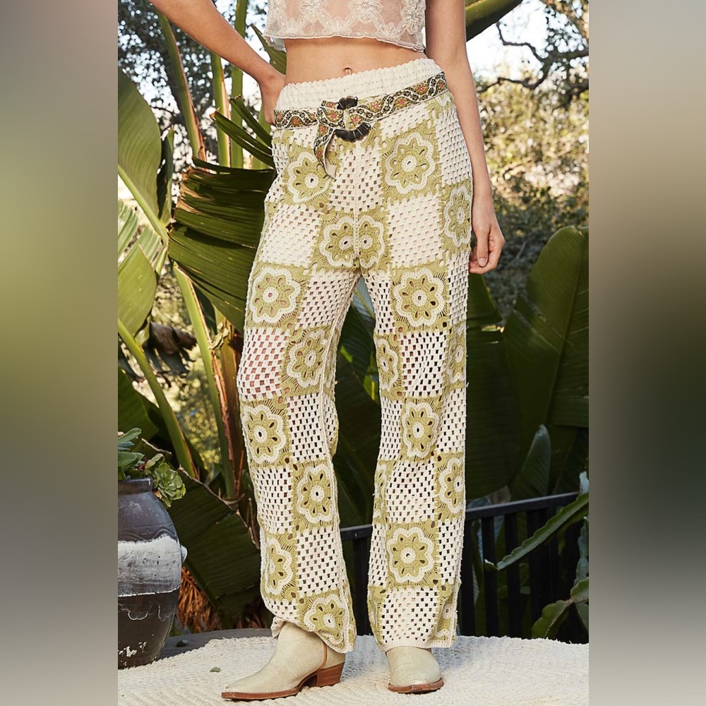 POL Crochet Patchwork Straight-Leg Pants in Cream & Olive